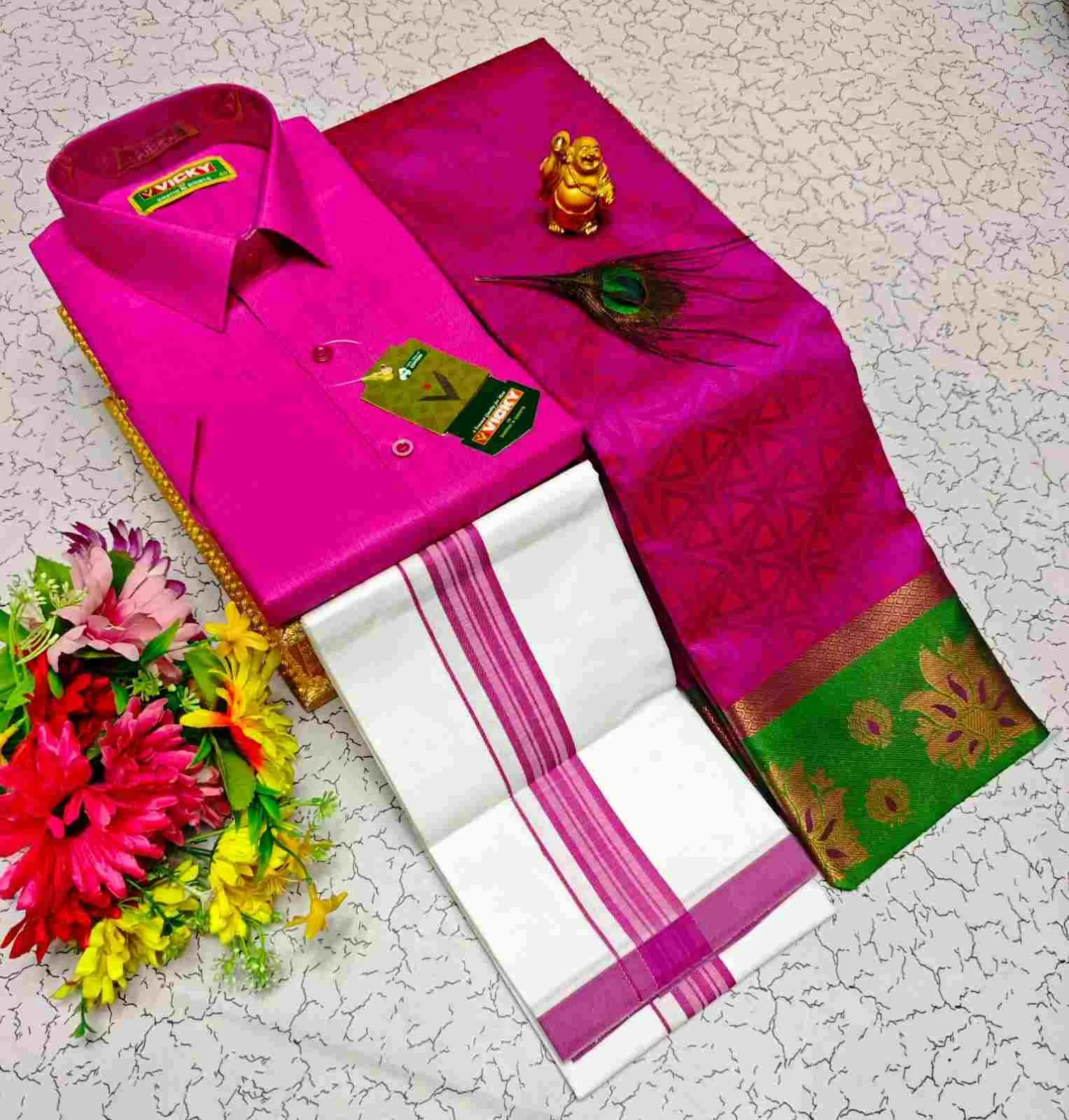 Rani Pink Green Contrast 3D Embossed Karizma Silk Couple Combo